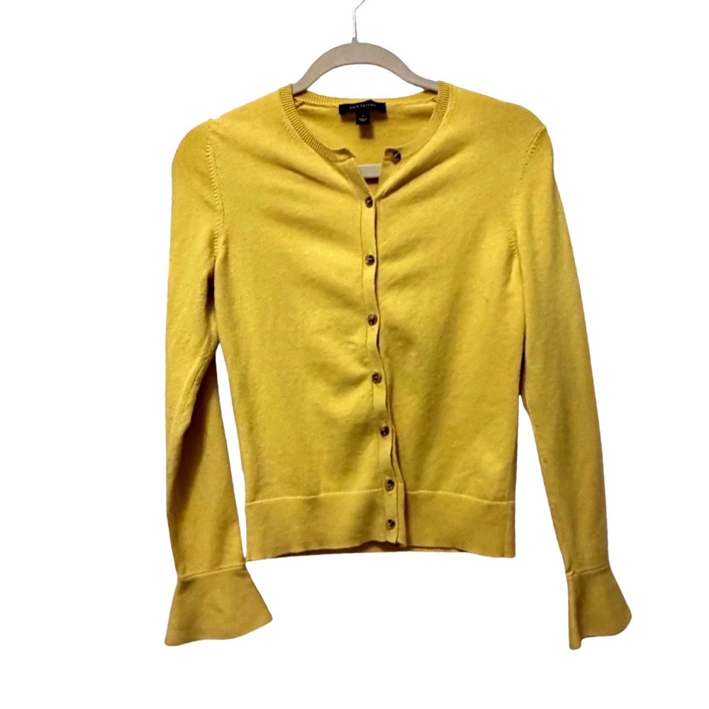 Ann Taylor golden Yellow Cotton Blend Bell Cuff Button Front Cardigan Sweater S